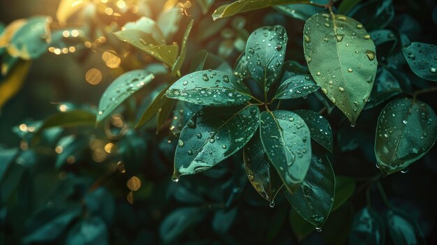 El fondo de las hojas de un árbol con gotas de rocío