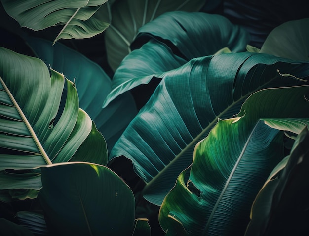 Fondo de hojas de Monstera y plátano tropical verde abstracto creado con tecnología de IA generativa