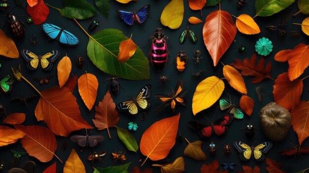 Fondo hojas de otoño coloridas e insectos sobre un fondo negro