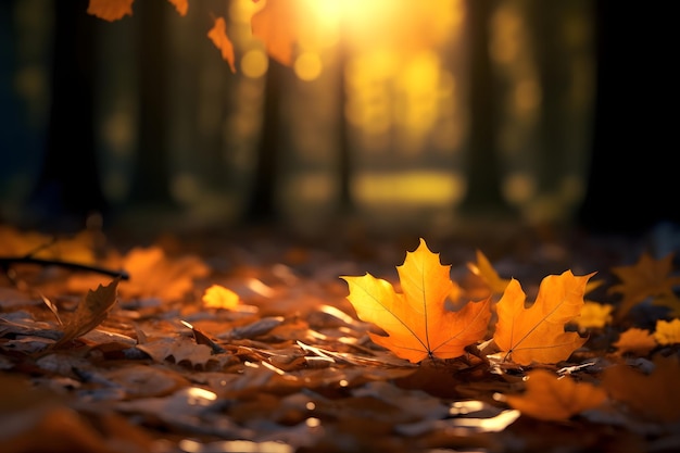 Fondo de hojas de otoño Hoja de arce naranja dorada amarilla sobre textura borrosa con espacio de copia