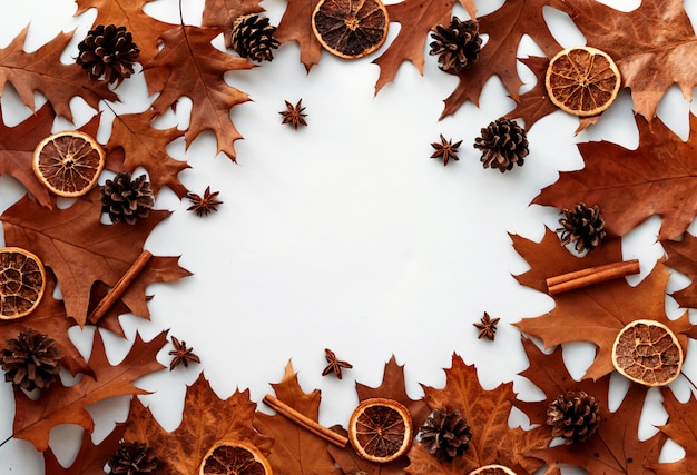 Fondo de hojas de otoño con piñas