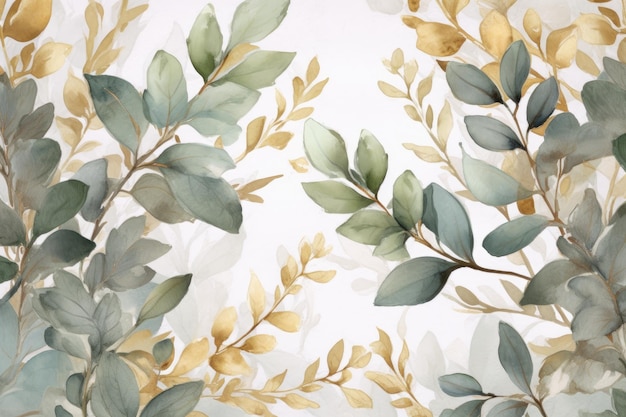 Fondo de hojas y ramas verdes en diseño de acuarela al estilo de blanco oscuro y oro claro AI generativa