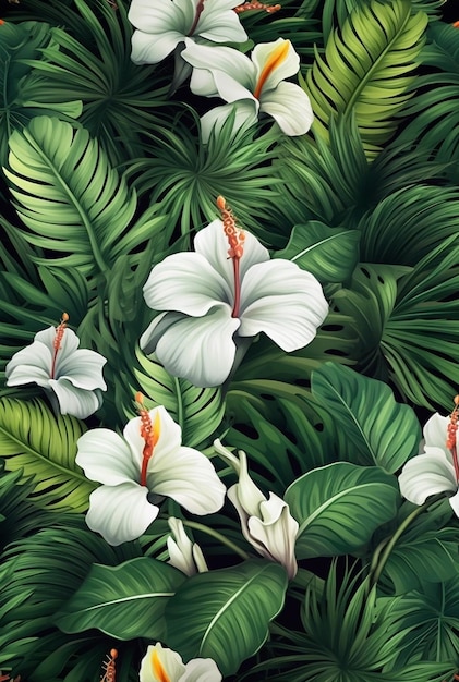 Fondo con hojas tropicales follaje y flores naturaleza telón de fondo sobre fondo esmeralda ai generativo