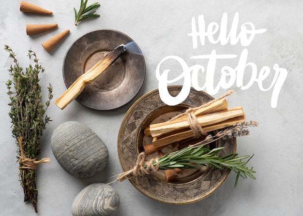 Foto fondo de hola octubre con hierbas.