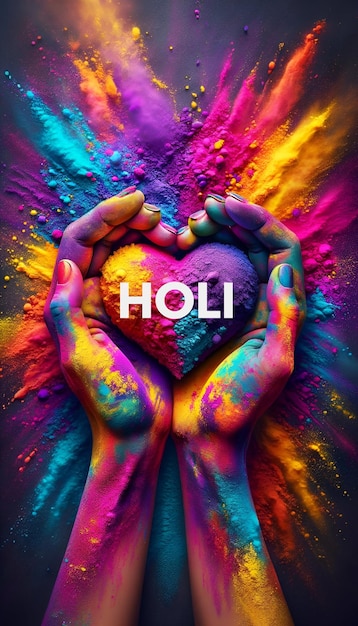 El fondo de Holi con las manos sosteniendo polvo colorido en forma de corazón