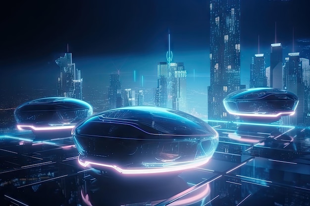 Fondo holográfico digital con aerodeslizadores de paisajes urbanos futuristas y autos voladores visibles