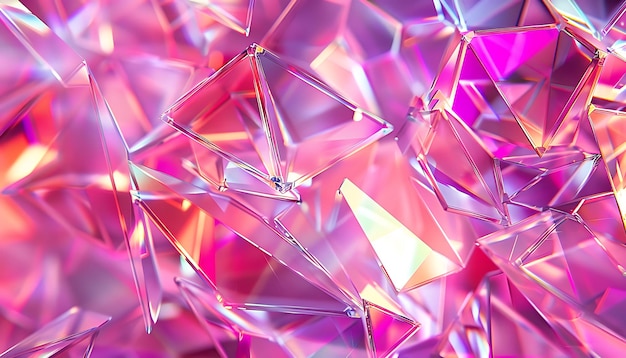 Fondo holográfico con fragmentos de vidrio y reflejos de arco iris en rosa y púrpura que forman un patrón mágico, abstracto y de moda