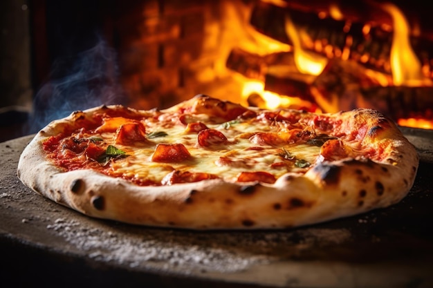 Fondo de horno de leña tradicional de primer plano de pizza recién horneada IA generativa