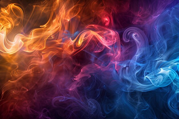 Un fondo de humo colorido con un fondo negro y un patrón de humo rojo, amarillo y azul en el