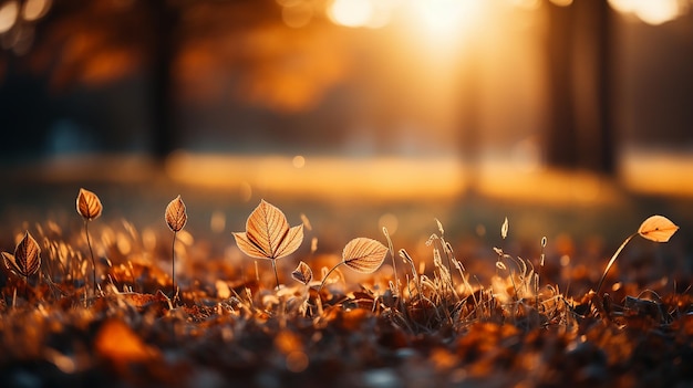 Fondo idílico del prado de hojas de otoño bajo el sol