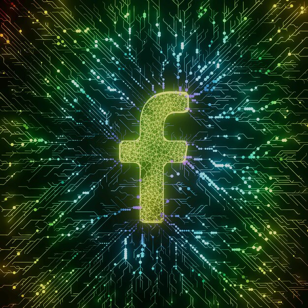 Fondo de ilustración 3D de tecnología de chip digital de neón de placa de circuito abstracto de redes sociales de Facebook