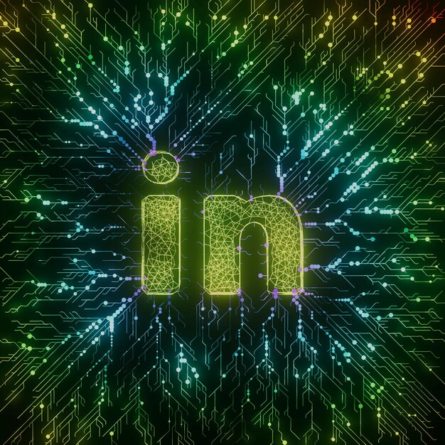 Fondo de ilustración 3D de tecnología de chip digital de neón de placa de circuito abstracto de redes sociales de LinkedIn