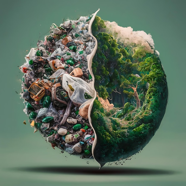 Fondo de ilustración del Día de la Tierra con plantas contra plástico y tierra redonda en el medio para celebrar