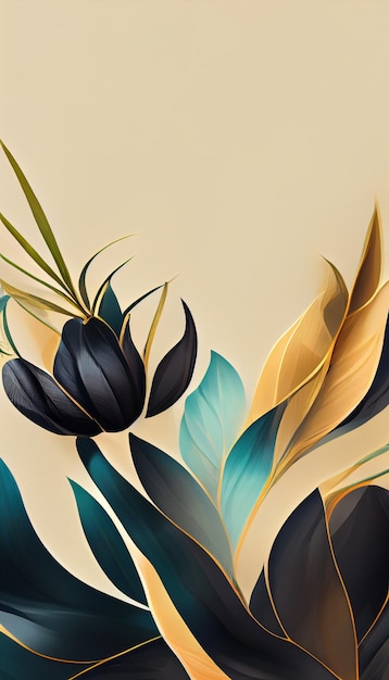 Fondo de ilustración digital de flores de lujo con colores dorados en estilo de arte de línea Cartel botánico con hojas de acuarela en estilo de línea de arte para embalaje de papel tapiz de diseño de decoración