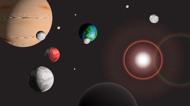 Fondo de ilustración espacial con algunos planetas luna y luz