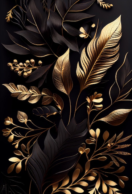 Fondo de ilustración de flor y hoja negro y dorado
