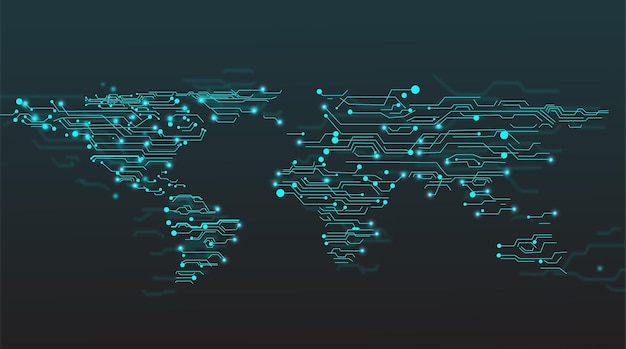 Fondo de ilustración de forma de mapa mundial de placa de circuito de color cian abstracto