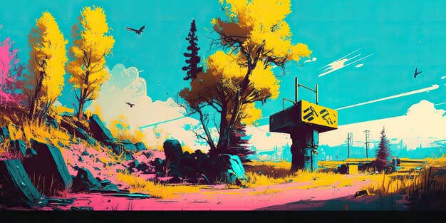 Fondo de ilustración generativa AI generado por AI del paisaje de campo retro vintage amarillo