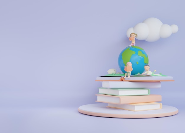 Foto fondo de ilustración de libro de niños 3d con el niño leído en globo