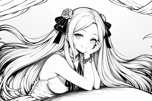 Fondo de ilustración de personaje de niña de dibujos animados lindo de anime de dibujo lineal de color sólido en blanco y negro