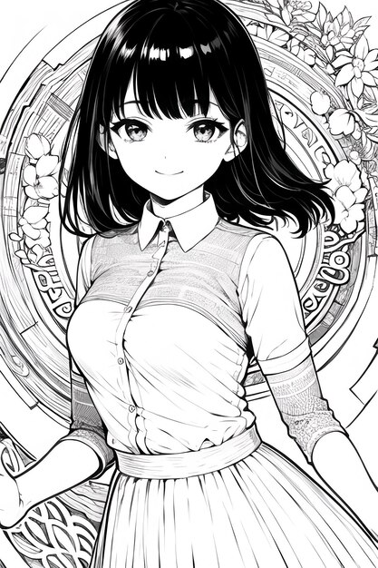 Fondo de ilustración de personaje de niña de dibujos animados lindo de anime de dibujo lineal de color sólido en blanco y negro