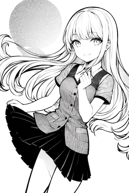 Fondo de ilustración de personaje de niña de dibujos animados lindo de anime de dibujo lineal de color sólido en blanco y negro