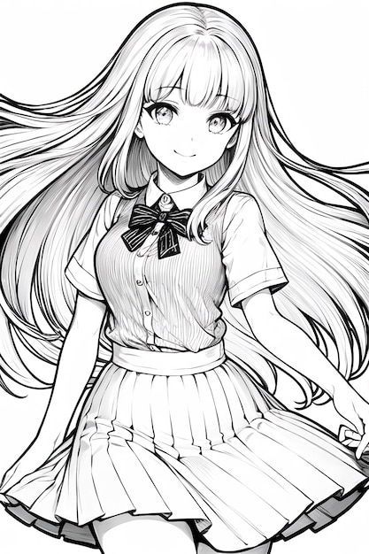 Fondo de ilustración de personaje de niña de dibujos animados lindo de anime de dibujo lineal de color sólido en blanco y negro