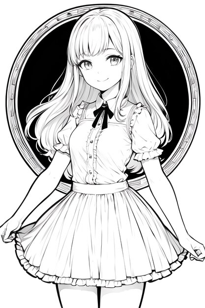 Fondo de ilustración de personaje de niña de dibujos animados lindo de anime de dibujo lineal de color sólido en blanco y negro