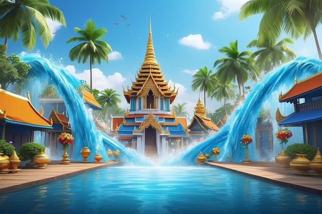 El fondo de la ilustración de renderización 3D para el fondo del festival de Songkran en Tailandia