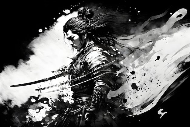 fondo ilustrado samurai realista, ilustración samurai en blanco y negro