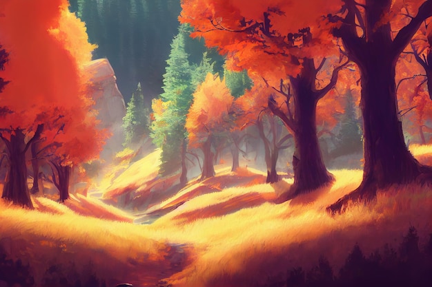 Un fondo de ilustrador de montaña de bosque de otoño