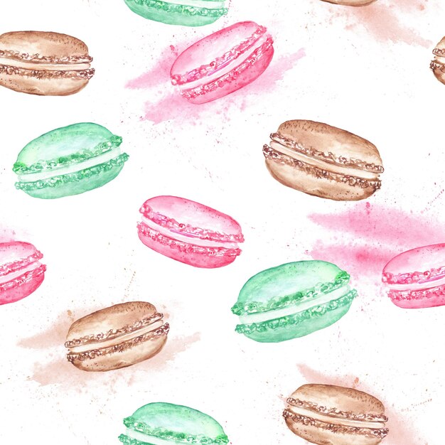 Fondo inconsútil de la ilustración de la torta de los macarrones deliciosos de la acuarela