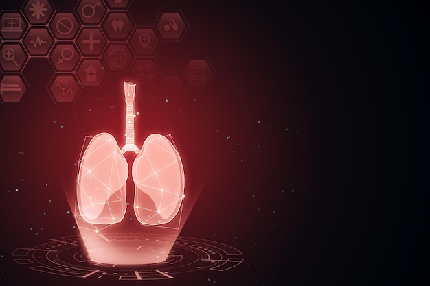 Fondo de interfaz de pulmones médicos rojo brillante abstracto con iconos Concepto de medicina e innovación Representación 3D
