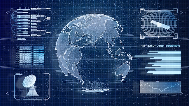 Fondo de interfaz de usuario de holograma de exploración de información de mundo de tierra de HUD digital azul. Concepto de tecnología militar y espacial