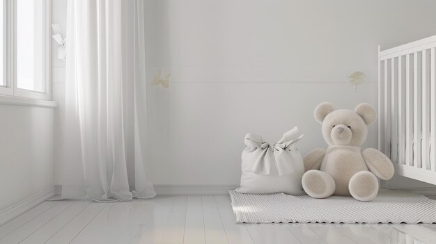 Fondo interior blanco de la habitación del bebé con oso de peluche y cuna