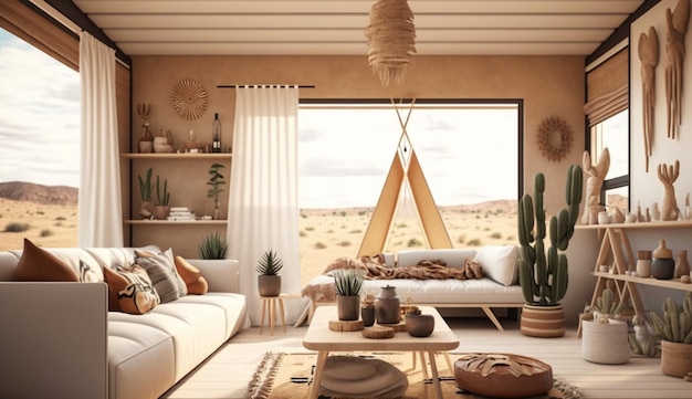 Fondo interior de casa nómada moderna en tonos beige AI generativa