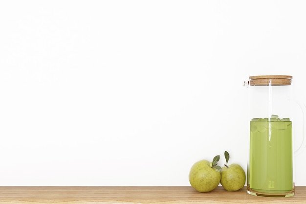 Fondo interior en la cocina con mesa de madera de manzanas verdes renderizado 3d