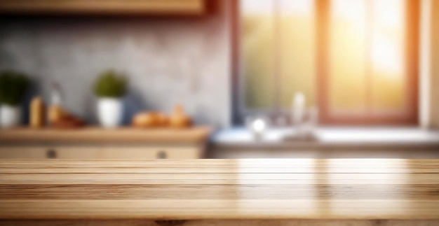 Fondo interior de la cocina moderna claro y brillante con una mesa de madera bellamente vaciada