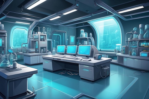 Fondo interior de dibujos animados futuristas para un laboratorio de alta tecnología