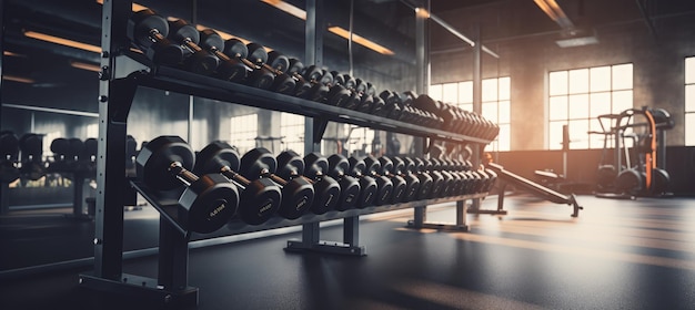 fondo interior del gimnasio de pesas en el estante en la sala de fitness y entrenamiento