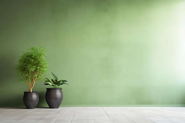 Fondo interior de la habitación con pared de estuco verde vacía y soporte de plantas generado ai