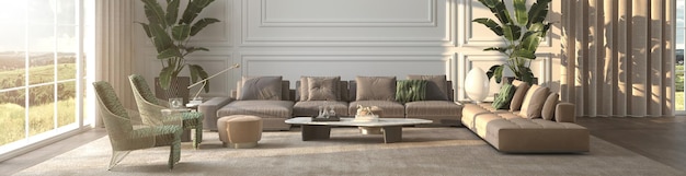 Fondo interior de lujo moderno con paneles clásicos diseño de pared sala de estar 3d render ilustración