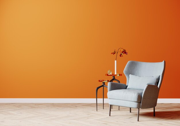 Fondo interior moderno y luminoso simulado con pared naranja y sillón gris sobre suelo de madera fondo interior de color brillante representación 3d