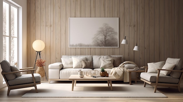 El fondo interior moderno de la sala de estar de estilo escandinavo con un cartel de maqueta