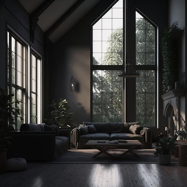 Un fondo interior oscuro y acogedor para una sala de estar estilo loft