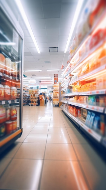 El fondo interior del supermercado desenfocado y borroso