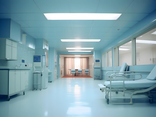 Fondo interior vacío del pasillo de la clínica del pasillo del hospital moderno con sillas para la cama del paciente