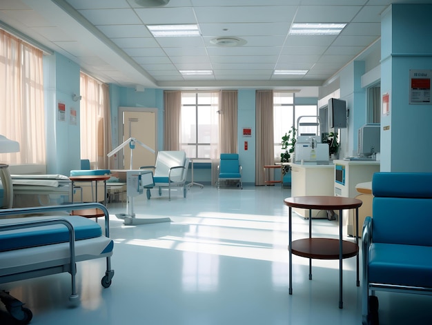 Fondo interior vacío del pasillo de la clínica del pasillo del hospital moderno con sillas para la cama del paciente