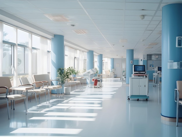 Fondo interior vacío del pasillo de la clínica del pasillo del hospital moderno con sillas para la cama del paciente