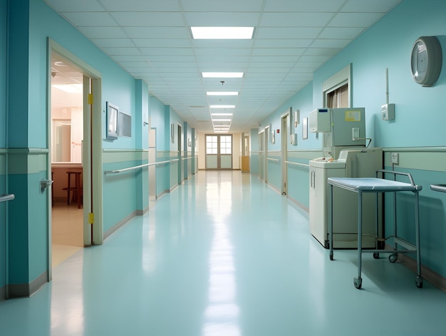 Fondo interior vacío del pasillo de la clínica del pasillo del hospital moderno con sillas para la cama del paciente